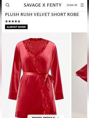 Savage X Fenty Red Velvet Short Robe with Lace Trim